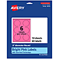 Avery® Print-To-The-Edge Labels With Sure Feed® Technology And Easy Peel® Label Feature, 94513-BPP10, Round, 3", Matte Bright Pink, Pack of 60 1 thumbnail image
