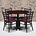 Flash Furniture Round Laminate Table Set With X-Base And 4 Ladder-Back Metal Chairs, 30"H x 36"W x 36"D, Mahogany/Burgundy