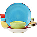 Elama Mason Double Bowl Stoneware Dinnerware Set, Assorted Colors, Set Of 12 Pieces