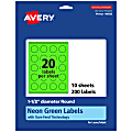 Avery® Print-To-The-Edge Labels With Sure Feed® Technology, 94506-NGP10, Round, 1-1/2", Matte Neon Green, Pack of 200