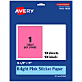 Avery® Printable Sticker Paper, 94269-BPP10, Rectangle, 8-1/2" x 11", Matte Bright Pink, Pack of 10 1 thumbnail image