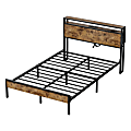 Bestier Metal Frame Platform Bed with Charge Station, Storage Headboard and LED Lights, Full Size, Rustic Brown