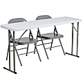 Flash Furniture 5' Plastic Folding Training Table with 2 Metal Folding Chairs, Gray