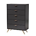 Baxton Studio Kelson 5-Drawer Chest, 46-1/8”H x 32-1/2”W x 15-3/4”D, Dark Gray/Gold