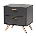 Baxton Studio Kelson 2-Drawer Nightstand, 20-1/8"H x 18-15/16"W x 15-3/4"D, Dark Gray/Gold