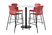 KFI Studios Proof Bistro Round Pedestal Table With Imme Barstools, 4 Barstools, 36", Designer White/Black/Coral Stools