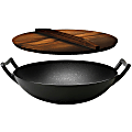 NutriChef Pre-Seasoned Cooking Wok - Cast Iron Stir Fry Wok with Wooden Lid - 2 Pieces - Cooking, Frying - Oven Safe - Black - Cast Iron, Metal, Silicone Body - Wood Lid - 1