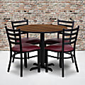 Flash Furniture Round Laminate Table Set With X-Base And 4 Ladder-Back Metal Chairs, 30"H x 36"W x 36"D, Walnut/Burgundy