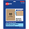 Avery® Kraft Permanent Labels With Sure Feed®, 94504-KMP100, Round, 3/4" Diameter, Brown, Pack Of 8,000