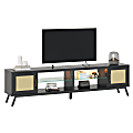 Bestier Modern TV Stand With Rattan Doors And Glass Shelves  For 80" TVs, 20”H x 80”W x 13-13/16”D, Black