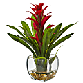 Nearly Natural 12"H Bromeliad Arrangement With Glass Vase, Red