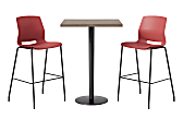 KFI Studios Proof Bistro Square Pedestal Table With Imme Bar Stools, Includes 2 Stools, 43-1/2”H x 30”W x 30”D, Studio Teak Top/Black Base/Coral Chairs