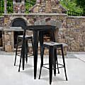 Flash Furniture Commercial-Grade Round Metal Indoor/Outdoor Bar Table Set With 2 Square-Seat Backless Stools, Black