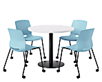 KFI Studios Proof Cafe Round Pedestal Table With Imme Caster Chairs, Includes 4 Chairs, 29”H x 36”W x 36”D, Designer White Top/Black Base/Sky Blue Chairs