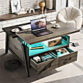 Bestier Wood  Lift Top Square Coffee Table With LED Lights & Storage Drawers, 20”H x 35-7/16”W x 35-7/16”D, Retro Gray