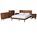 Baxton Studio Melora Mid-Century Modern Finished Wood/Rattan 5-Piece Bedroom Set, King Size, Walnut Brown