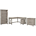 Bush Business Furniture Key West 60"W L-Shaped Corner Desk With File Cabinets And 5 Shelf Bookcase, Washed Gray, Standard Delivery