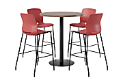 KFI Studios Proof Bistro Round Pedestal Table With Imme Barstools, 4 Barstools, 42", Studio Teak/Black/Coral Stools