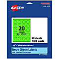 Avery® Print-To-The-Edge Labels With Sure Feed® Technology, 94506-NGP80, Round, 1-1/2", Matte Neon Green, Pack of 1600 1 thumbnail image