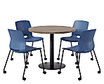 KFI Studios Proof Cafe Round Pedestal Table With Imme Caster Chairs, Includes 4 Chairs, 29”H x 36”W x 36”D, Studio Teak Top/Black Base/Navy Chairs