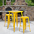 Flash Furniture Square Metal Bar Table Set With 2 Backless Stools, 40”H x 27-3/4”W x 27-3/4”D, Yellow
