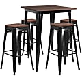 Flash Furniture Square Metal Bar Table Set With Wood Top And 4 Backless Stools, 42"H x 32"W x 32"D, Black