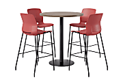 KFI Studios Proof Bistro Round Pedestal Table With Imme Barstools, 4 Barstools, 36", Studio Teak/Black/Coral Stools 1 thumbnail image