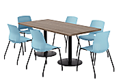 KFI Studios Proof Rectangle Pedestal Table With Imme Chairs, 31-3/4”H x 72”W x 36”D, Studio Teak Top/Black Base/Sky Blue Chairs