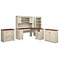 Bush Furniture Fairview 60"W L Shaped Desk With Hutch, Storage Cabinets And 5 Shelf Bookcase, Antique White/Tea Maple, Standard Delivery 1 thumbnail image