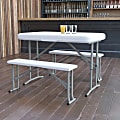 Flash Furniture 3-Piece Plastic Folding Table And Benches Set, 28-1/2"H x 25-1/2"W x 41"D, Granite White