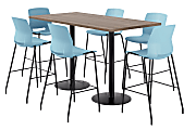 KFI Studios Proof Bistro Rectangle Pedestal Table With 6 Imme Barstools, 43-1/2"H x 72"W x 36"D, Studio Teak/Black/Sky Blue Stools