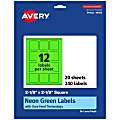 Avery® Print-To-The-Edge Labels With Sure Feed® Technology And Easy Peel®, 94105-NGP20, Square, 2-1/8" x 2-1/8", Matte Neon Green, Pack of 240 1 thumbnail image