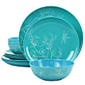 Martha Stewart 12-Piece Leafy Floral Melamine Dinnerware Set, Turquoise
