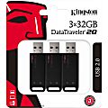Kingston 32GB DataTraveler 20 DT20 USB 2.0 Type A Flash Drive - 32 GB - USB 2.0 Type A - Black - 3 Year Warranty - 3 / Pack 1 thumbnail image