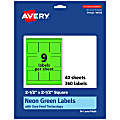 Avery® Printable Labels With Sure Feed® Technology, 94104-NGP40, Square, 2-1/2" x 2-1/2", Matte Neon Green, Pack of 360 1 thumbnail image