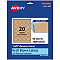 Avery® Kraft Permanent Labels With Sure Feed®, 94507-KMP50, Round, 1-5/8" Diameter, Brown, Pack Of 1,000