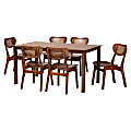 Baxton Studio Jeriah Mid-Century Modern Wood and Woven Rattan 7-Piece Dining Set, Walnut/Brown