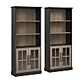 Bush Furniture Westbrook 5-Shelf Bookcases With Glass Doors, Vintage Black/Restored Tan Hickory, Standard Delivery, Set Of 2 Bookcases