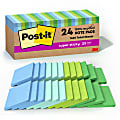 Post-it Recycled Super Sticky Notes, 24 Pads, 3 in x 3 in, 100% Recycled, 2x the Sticking Power, School Supplies and Office Products, Sticky Notes for Vertical Surfaces, Monitors, Walls and Windows, Oasis Collection