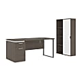 Bestar Aquarius 66"W Computer Desk With Single Pedestal And Storage Cabinet, Bark Gray/White