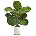 Nearly Natural Fiddle Leaf 21”H Artificial Tree With Ceramic Planter, 21”H x 12”W x 12”D, Green/White
