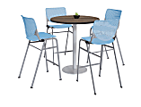 KFI Studios KOOL Round Pedestal Table With 4 Stacking Chairs, 41"H x 36"D, Studio Teak/Sky Blue