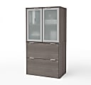 Bestar i3 Plus 30-1/8"W x 18-1/4"D 1-Drawer Lateral File Cabinet With Frosted Glass Door Hutch, Bark Gray