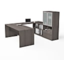 Bestar i3 Plus 72"W U-Shaped Executive Computer Desk With Frosted Glass Doors Hutch, Bark Gray