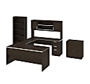 Bestar Ridgeley 65"W U-Shaped Desk With Hutch, Lateral File Cabinet And Bookcase, Dark Chocolate