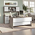 Bestar Ridgeley 65”W U-Shaped Computer Desk With Hutch, Silver Maple/Pure White 1 thumbnail image