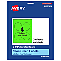 Avery® Print-To-The-Edge Labels With Sure Feed® Technology, 94514-NGP20, Round, 3-1/2", Matte Neon Green, Pack of 80 1 thumbnail image