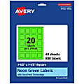Avery® Print-To-The-Edge Labels With Sure Feed® Technology And Easy Peel®, 94106-NGP40, Square, 1-1/2" x 1-1/2", Matte Neon Green, Pack of 800 1 thumbnail image
