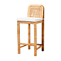 bali & pari Zariah Modern Bohemian Rattan And Mahogany Wood Bar Stool With Back, White/Natural Brown