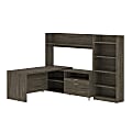 Bestar Pro-Linea L-Shaped Desk With Hutch And Bookcase, Walnut Gray